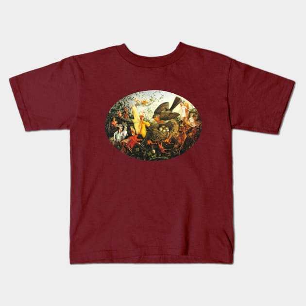 COCK ROBIN DEFENDING HIS NEST FROM FAIRIES IN WOODLAND Kids T-Shirt by BulganLumini